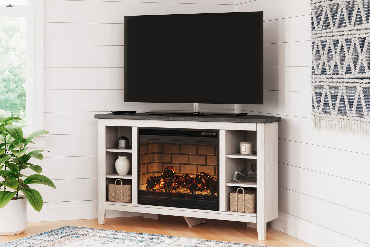 Dorrinson Corner TV Stand with Electric Log Fireplace